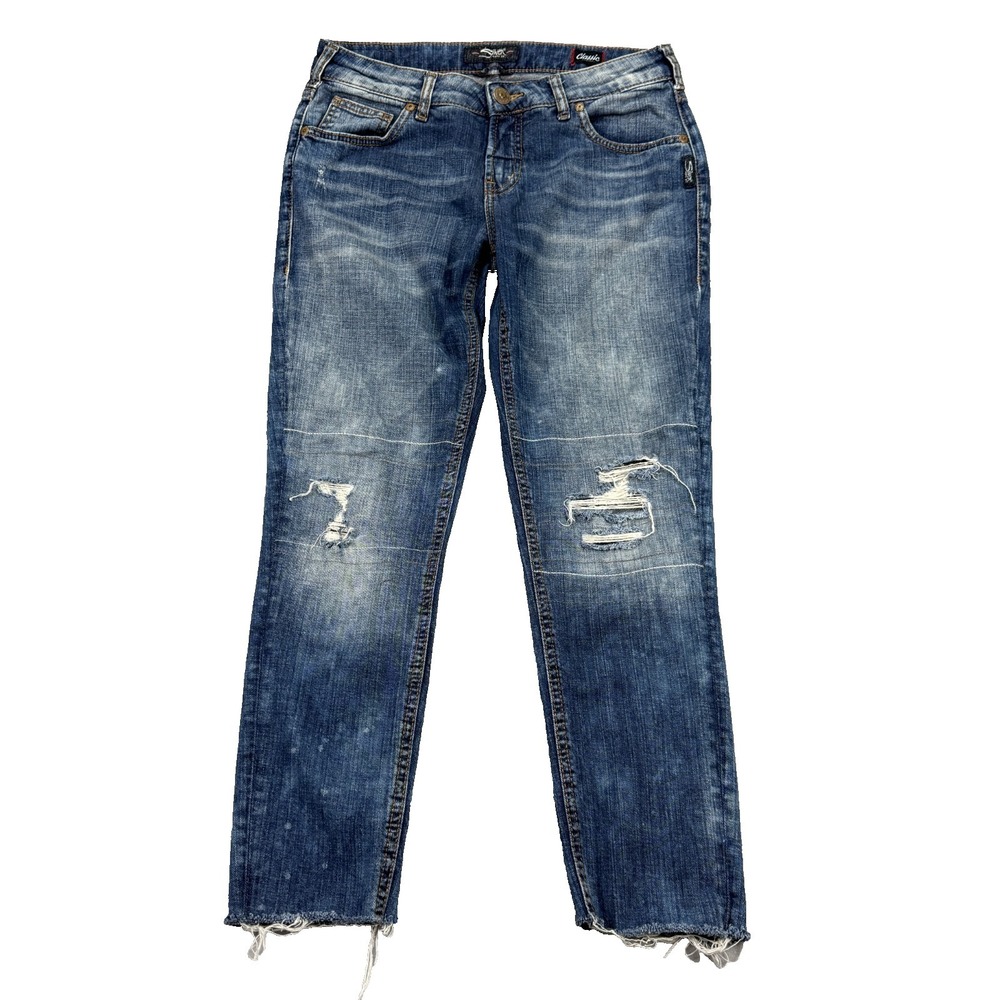 Silver Jeans Womens 28x27 Girlfriend Fit Mid Rise Classic Stretch‎ Distressed